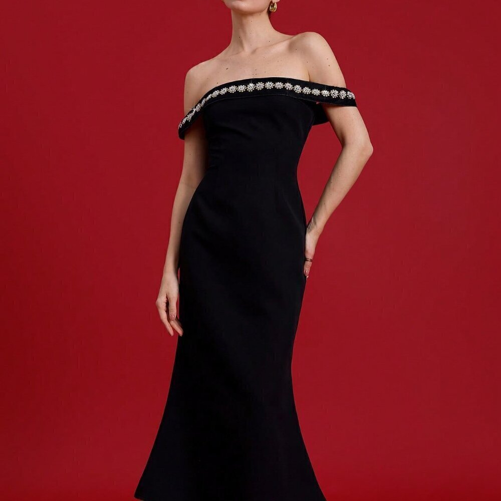 Black Elegant Women's High-End Long Dress With Beaded Off Shoulder